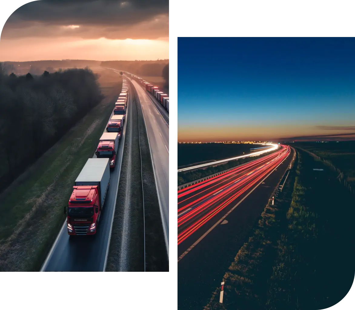 Duas imagens uma ao lado da outra, a da esquerda de uma paisagem de uma estrada com fila de camiões e a da direita um efeito de movimento das luzes do trânsito à noite.
